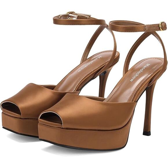 New Manoloshow Womens Size 8 Brown Satin Peep Toe Slingback 4.75" Heel Shoes - Picture 1 of 6